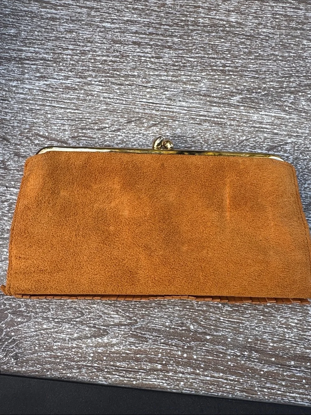 Vintage Suede Fringe Clutch Wallet in Cognac Brown